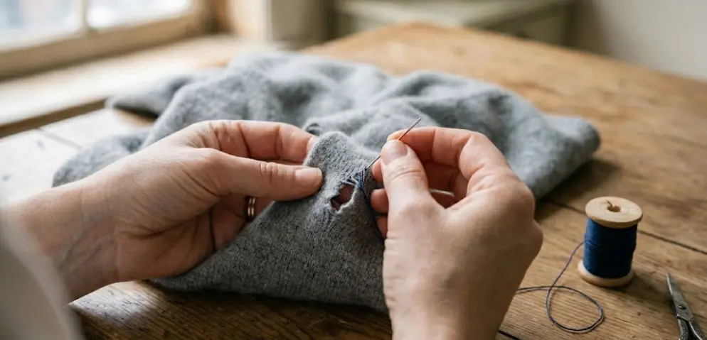 The First Mend – Stitching the Elbow, Stitching the Self A woman's hands sewing a tear in a grey cashmere sweater with needle and thread, wooden table, soft winter light.