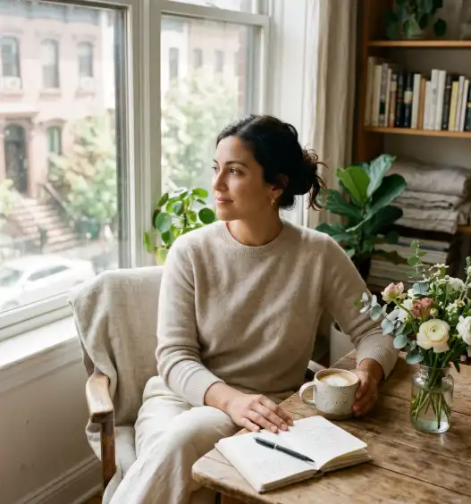 A woman in her early thirties sitting by a window in a Brooklyn apartment