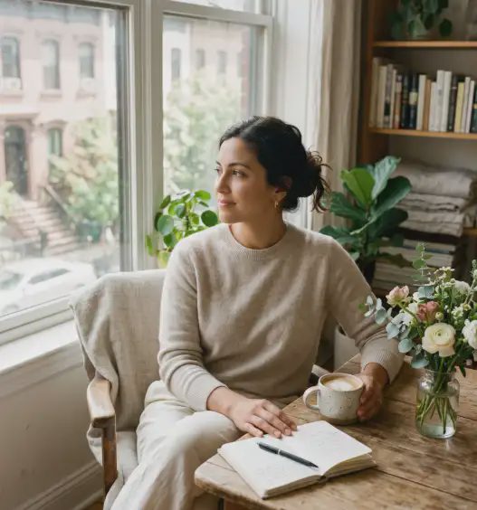 A woman in her early thirties sitting by a window in a Brooklyn apartment