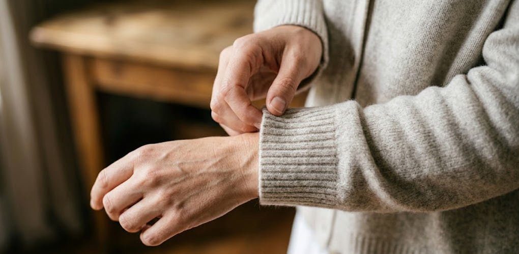 Close-up of a woman's hand smoothing the cuff of a soft gray cashmere sweater, natural light highlighting the knit texture.