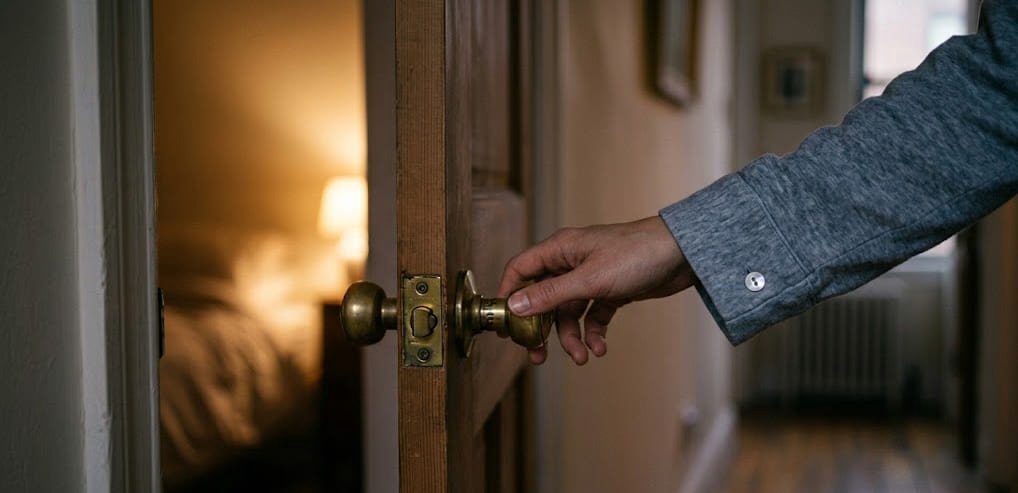  A woman's hand gently clicking a bedroom door latch shut, soft grey-blue pajama sleeve visible, quiet hallway behind.