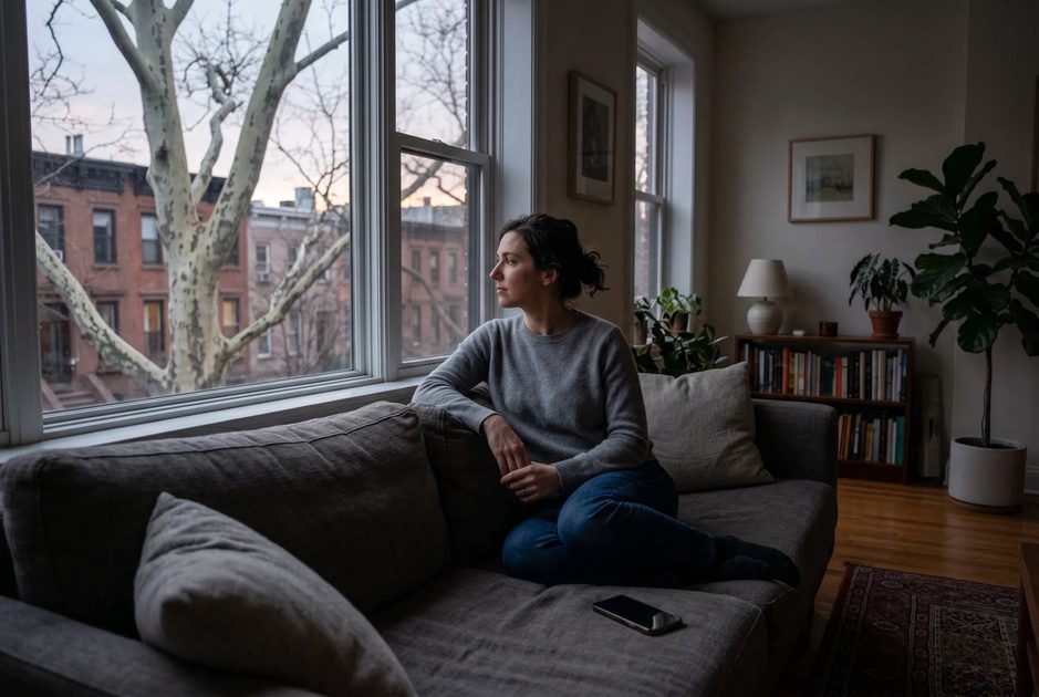 A woman sitting on a sofa, phone face-down and dark beside her, looking toward a window with bare sycamore branches, soft afternoon light.