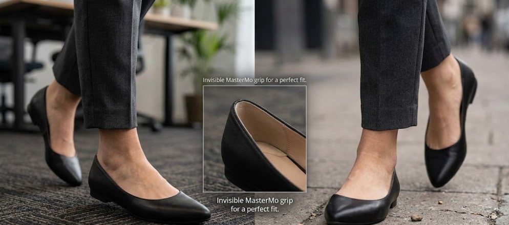 Woman walking comfortably in flat shoes with invisible MasterMo heel grips preventing shoes from slipping.