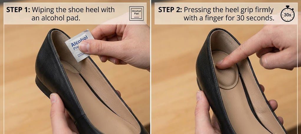 How to apply MasterMo heel grips correctly using alcohol wipe and firm pressure for best adhesion.