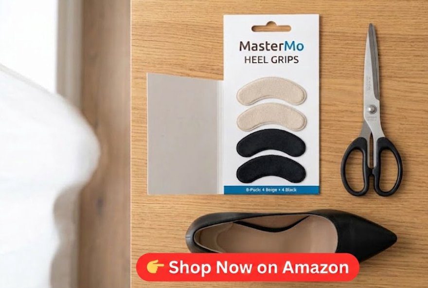  MasterMo heel grips package containing 8 memory foam shoe inserts in black and beige colors.