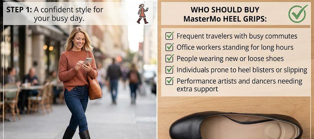 Happy woman wearing boots with MasterMo heel grips, walking comfortably without heel slippage.